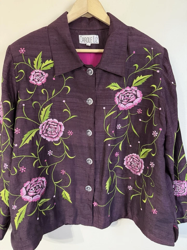 Vintage 90 s Carole Liz Purple Floral Embroidered Jacket Plus 2X Artsy Bloomcore - Image 2 of 4