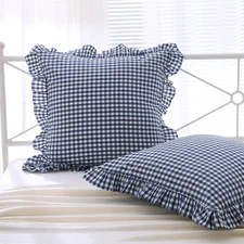 2 Pack Navy Blue White Plaid Ruffle Gingham Euro Shams Pillow Covers, 100% Washe