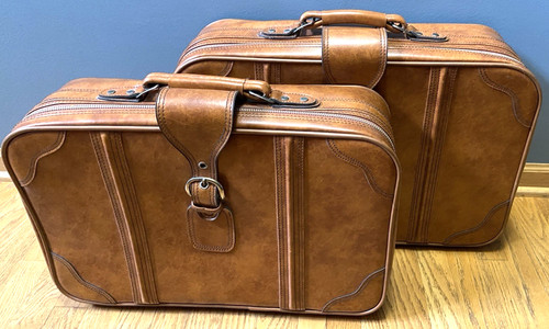 Vintage Brown Faux Leather 2pc Nesting Suitcase Suitcases Travel Luggage Buckle