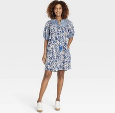 Knox Rose Puff Sleeve A-Line V-Neck Floral Boho Dress Women’s M Blue Cottagecore