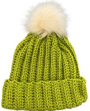 Crochet Ribbed Beanie With Faux Fur Pom Pom - Adult Size Key Lime