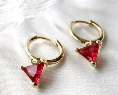 Trillion Lab-Created Red Ruby Women's Drop/Dangle Earring 14K Yellow Gold Plated