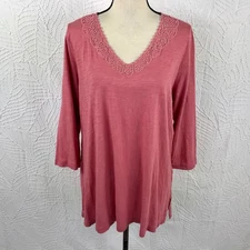 J Jill Tunic Top Shirt Size L  Pink Slub Knit Crochet Trim Cottage Beachy Casual
