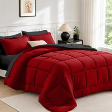 Reversible Queen Comforter Set 7 Pieces, All-Season Bedding in Red Black