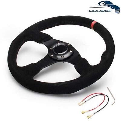 Car 14 inch 350mm Red Racing Steering Wheel Suede Leather Flat with Horn Button