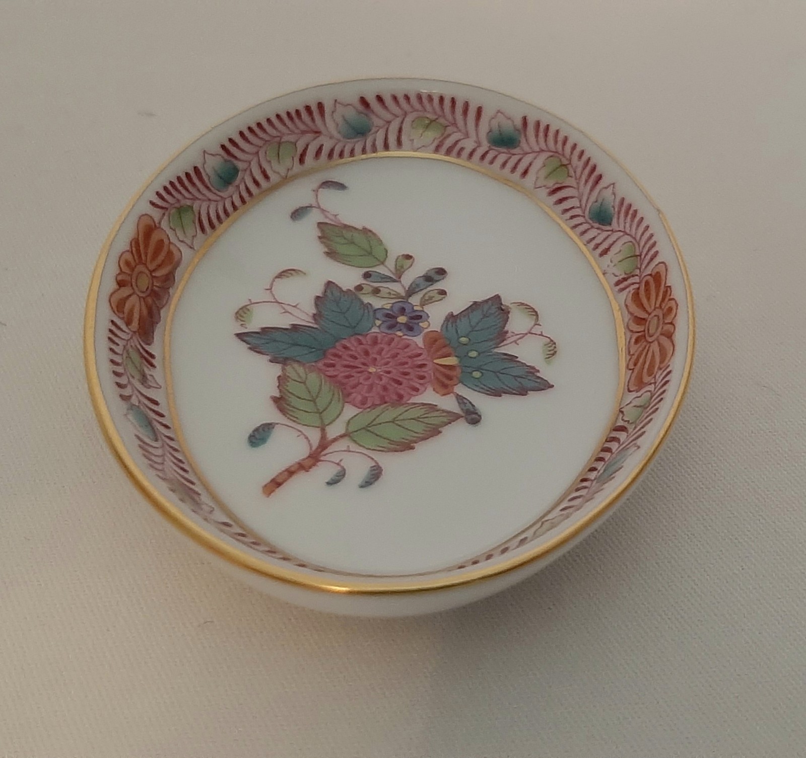 Herend Hungary Small Multicolor Flower Trinket Pin Dish  3” x 2-1/2” x 1/2” 