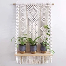 Macrame Wall Hanging Shelf, Handmade Indoor Boho Pot Basket Hanger Holder, Rope