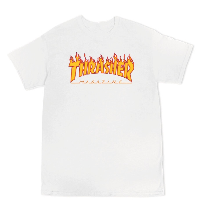 Thrasher Magazine Flames Logo White T Shirt Reprint Skateboard Graphic Tee S-5XL
