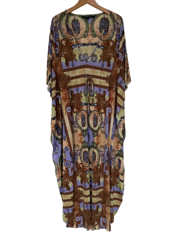 Charlie Brown Kaftan Maxi Dress Multicolour V-Neck Tie Waist AU 14