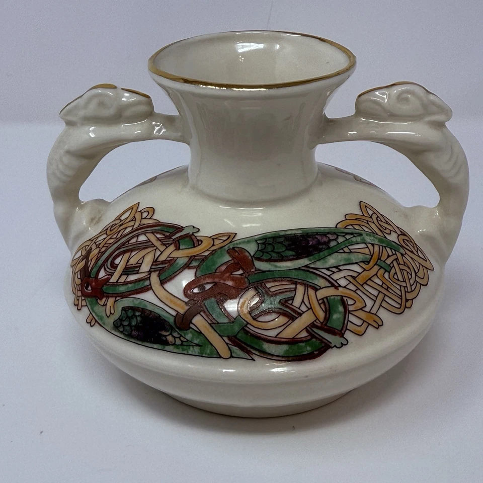 Jarrón de porcelana irlandés CRE con asas de animales dobles hecho a mano en Galway Irlanda firmado Foto 3 de 4