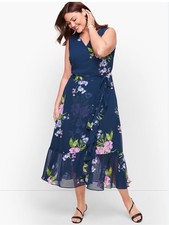 Talbots Georgette Painterly Floral Wrap Dress navy pink size 24w NWT