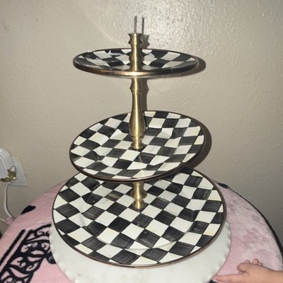 MacKenzie-Childs Courtly Check Black White China Tiered Checked Stand