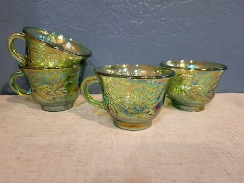 Vtg Set of 4 Indiana Glass Green Harvest Grape Carnival Glass Punch Bowl Cups