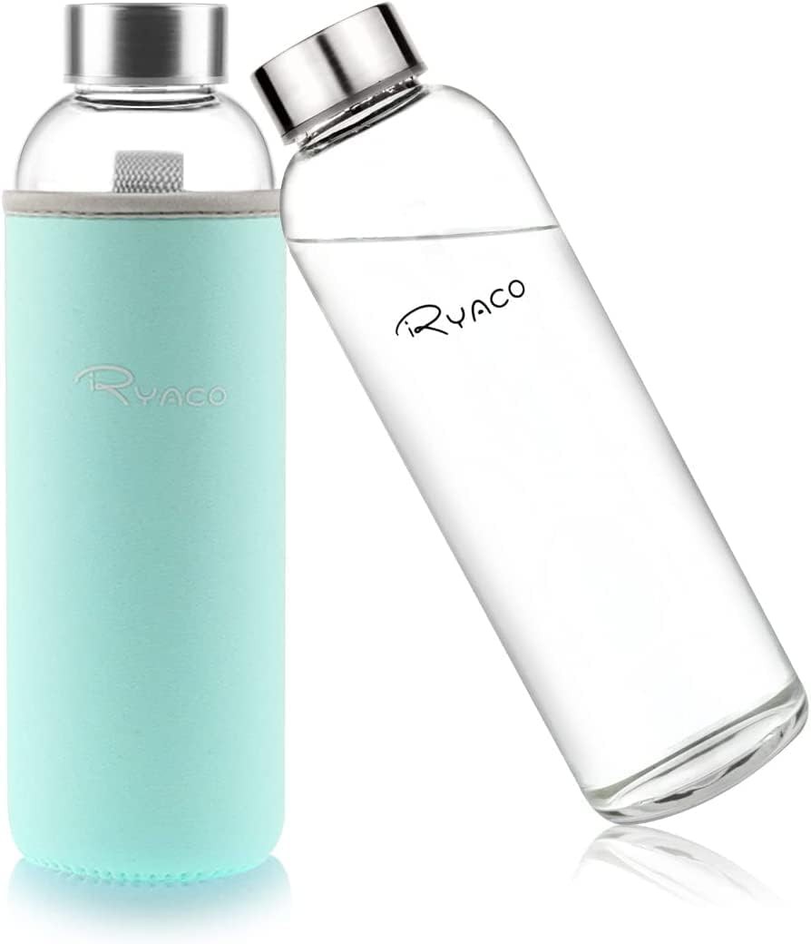 RYACO Glass Water Bottle 550ml/750ml/1000ml/1L,Borosilicate Glass Bottle with N