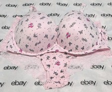 NEW Victoria's Secret Pink Super Push-Up Bra Tattoo Print 40C  Cheeky Set XL VS
