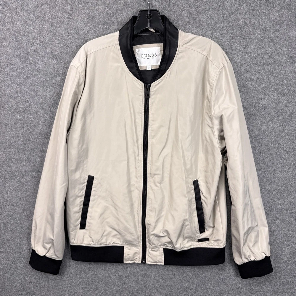 Guess Bomber Jacket XL Beige Black Polyester Faux Leather Trim Full Zip Street - product detail image 1