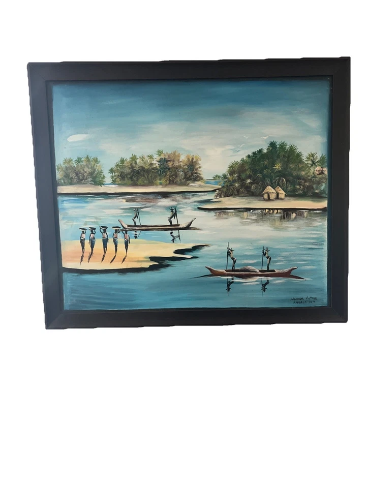 Pintura Acuarela Enmarcada Pueblo Africano Isla Nganda Victor Angola 104 Foto 4 de 4