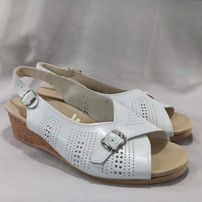 Worishofer Women's White Leather Cork Wedge Strap Sandal US 9EU 40 Comfort Retro