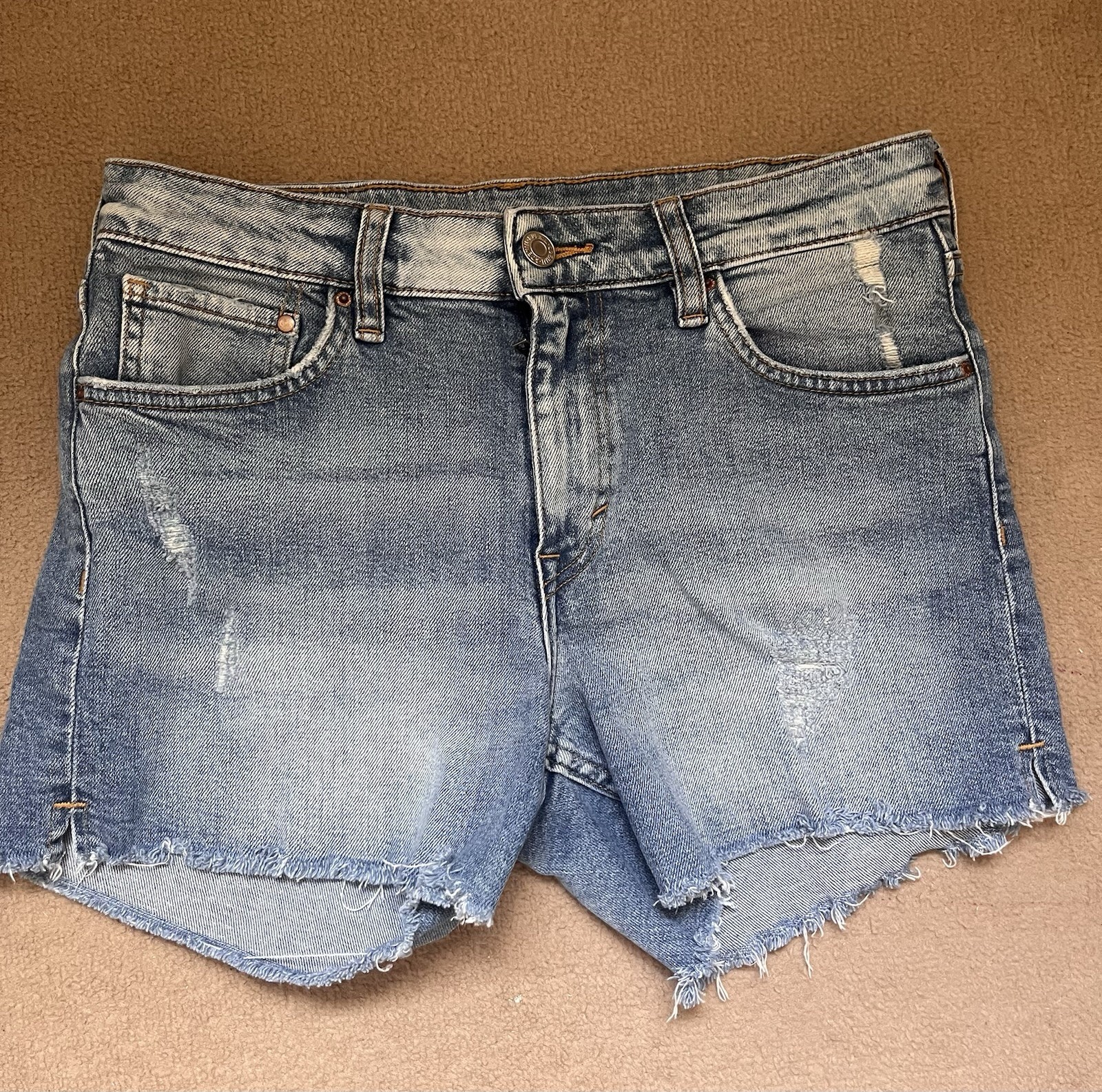 H&M Regular Waist Mid Blue Distressed Denim  Shorts Size 8