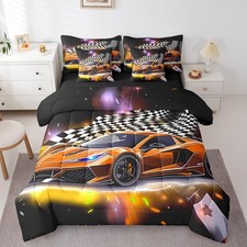 Orange Racing Car 7 Piece Bedding Set Twin Size Extreme Sport Comforter Set w...