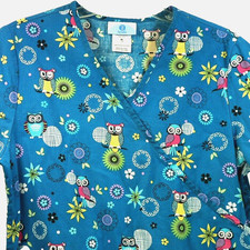 Scrub Top Owls Womens Size Medium Cotton Blue Elastic Gather in Back SB Brand