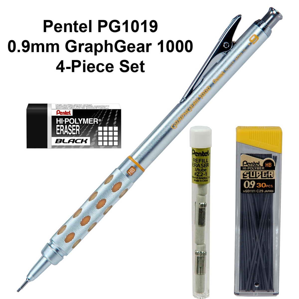 4-Piece Set, Pentel PG1019G, 0.9mm Graph Gear 1000 Automatic