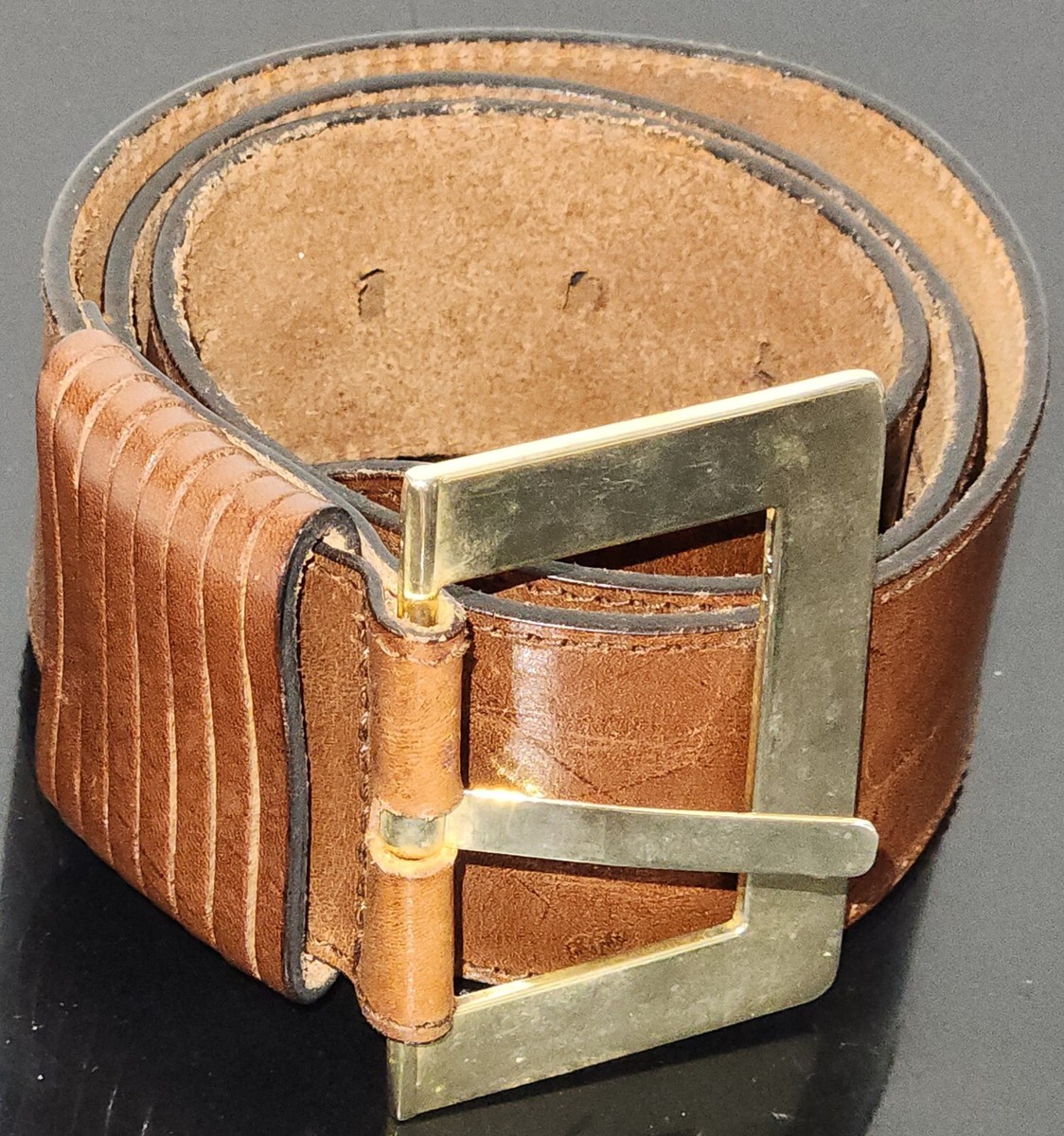 VTG MINORONZONI BY DAVCO MODERNIST TAN LEATHER BRASS BUCKLE  display picture 3