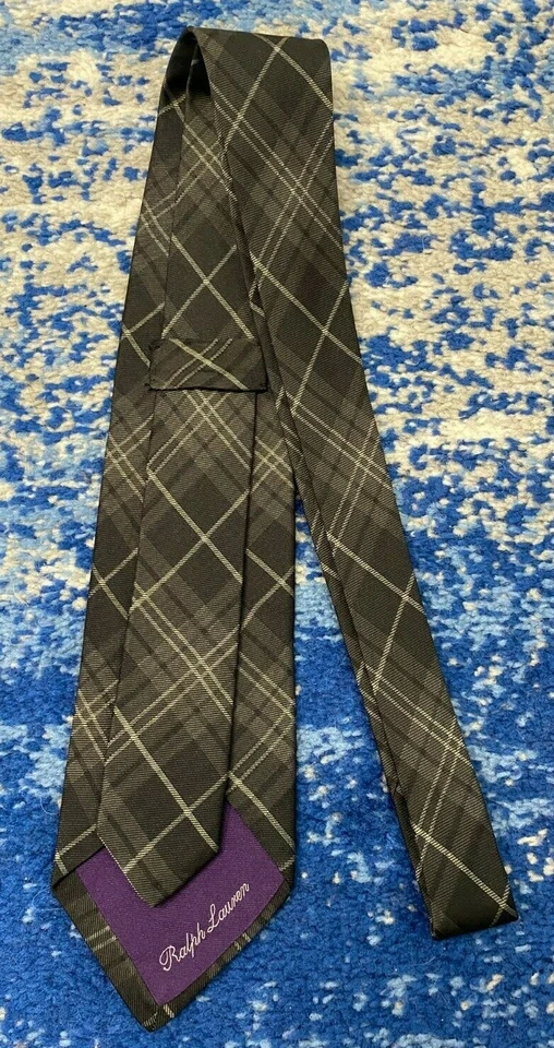 Corbata Ralph Lauren Etiqueta Púrpura Gris Plata Sesgado Cuadros Hecha a Mano Seda Italia Foto 3 de 4