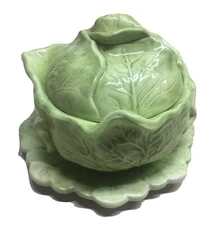 Ceramic Cabbage Soup Serving Bowl Plate,Lid 7”Holland Mold Thanksgiving Folk Art