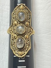 Vintage brass tone ring with 3 Rainbow moonstone cabochon adjustable Hand Craft