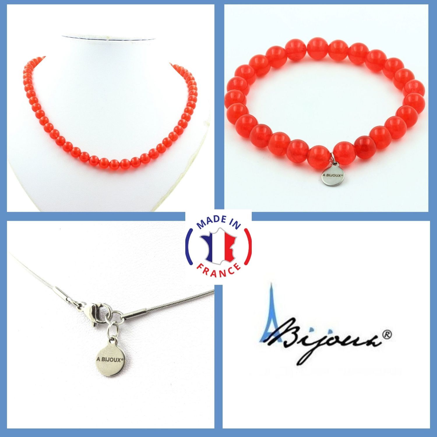 Parure calcédoine rouge collier bracelet cadeau femme perles 8mm