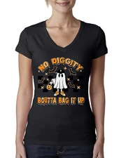 No Diggity Boutta Bag it Up Ghost Bats Stars Pumpkin Women Junior Fit VNeck Tee