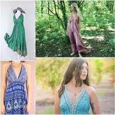 Vintage Recycle Sari Silk Maxi Beach Sundress Boho Gypsy Dress Indian 10Pc Lot