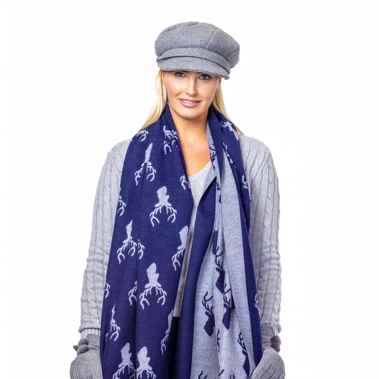 HERITAGE TRADITIONS Stag Scarf Navy Blue Grey Wrap Shawl Ladies CLEARANCE SALE