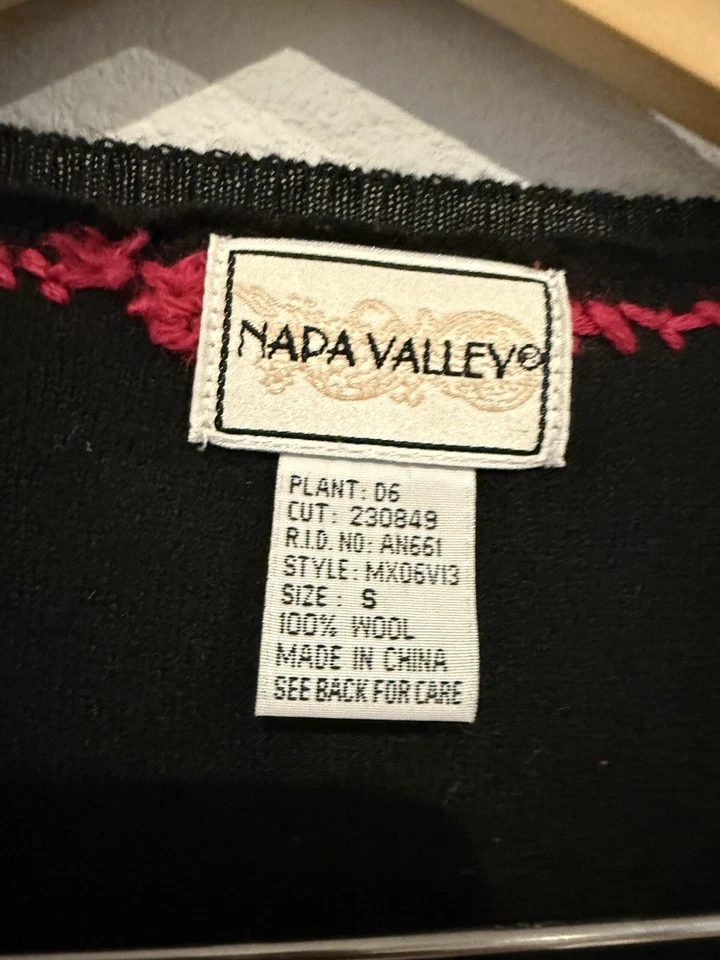 Chaleco 100% Lana Bordado Floral Negro Cremallera Talla Pequeña Foto 3 de 4