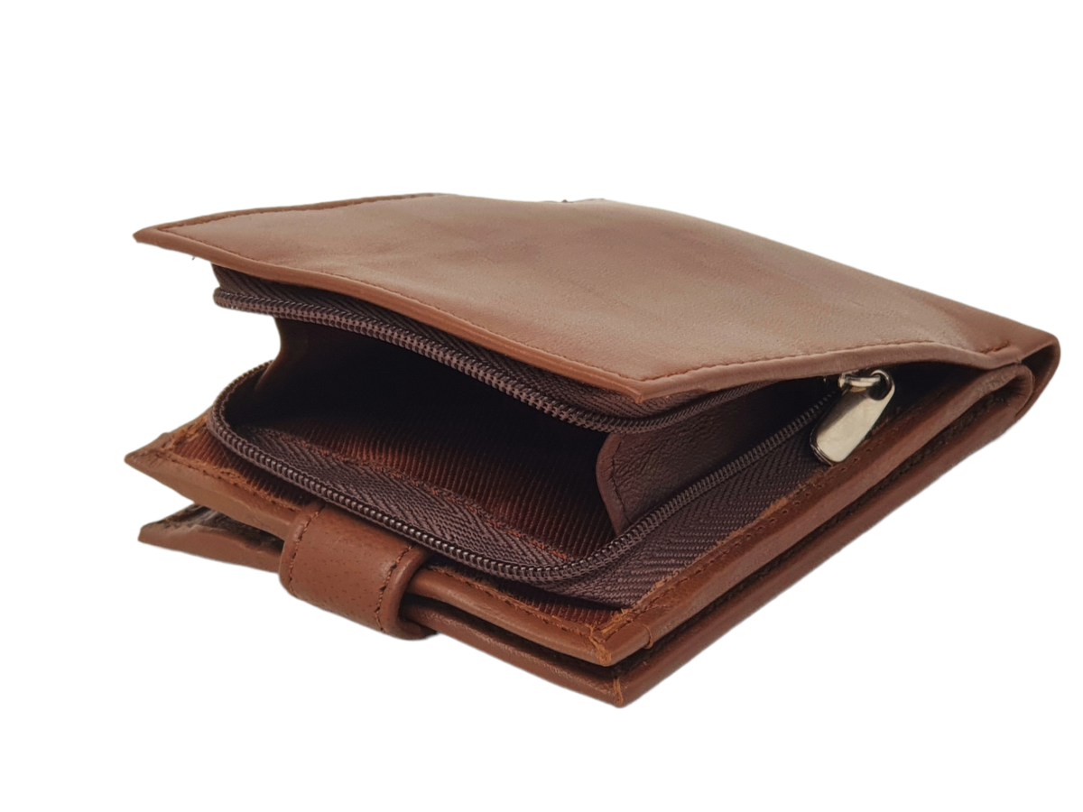 Classic Brown Leather RFID Blocking Wallet With Zip Coin Pouch & ID Window - Handmade