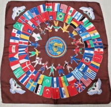 Vtg We Are The World Flag Globe Scarf Bandana Brown Hand Print Karavan 17"
