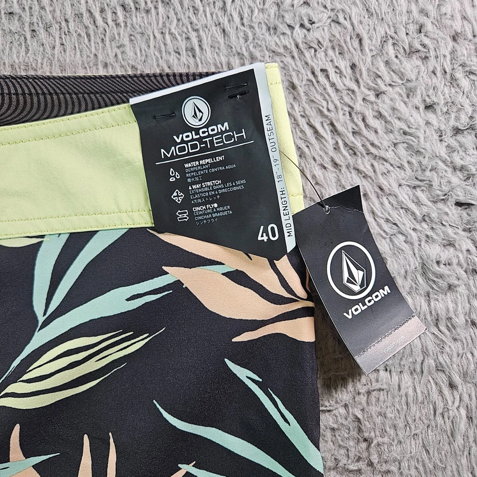 NWT Volcom Board Shorts Swim Trunks Men 40 No Liner Leaf Print Black Green - Image 2 of 4
