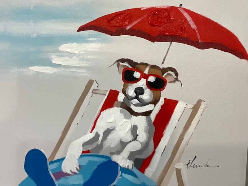Dog on a lounge chair on the beach oil painting 20 x 24”