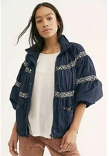 Free People On My Mind Bomber Jacket Navy Blue Retro Boho choose size NWT $228