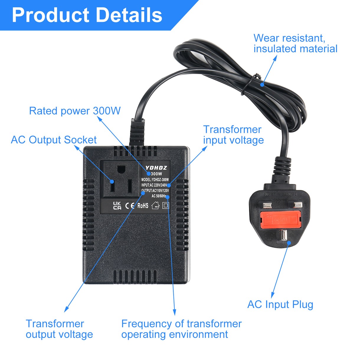 EU Plug Adapter, 300W Black Transformer Voltage Converter AC 220V to 110V Travel Plug Adapter