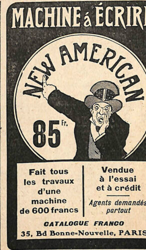 TYPEWRITER NEW AMERICAN PARIS SMALL ADVERTISEMENT 1908 WRITING MACHINE - Picture 1 of 1