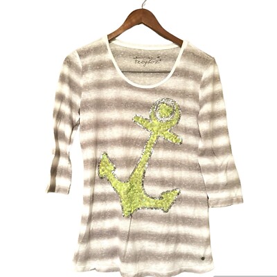 FrogBox Linen Blend Shadow Stripe Sequin Anchor Top Beige Green Size 40 (Large)