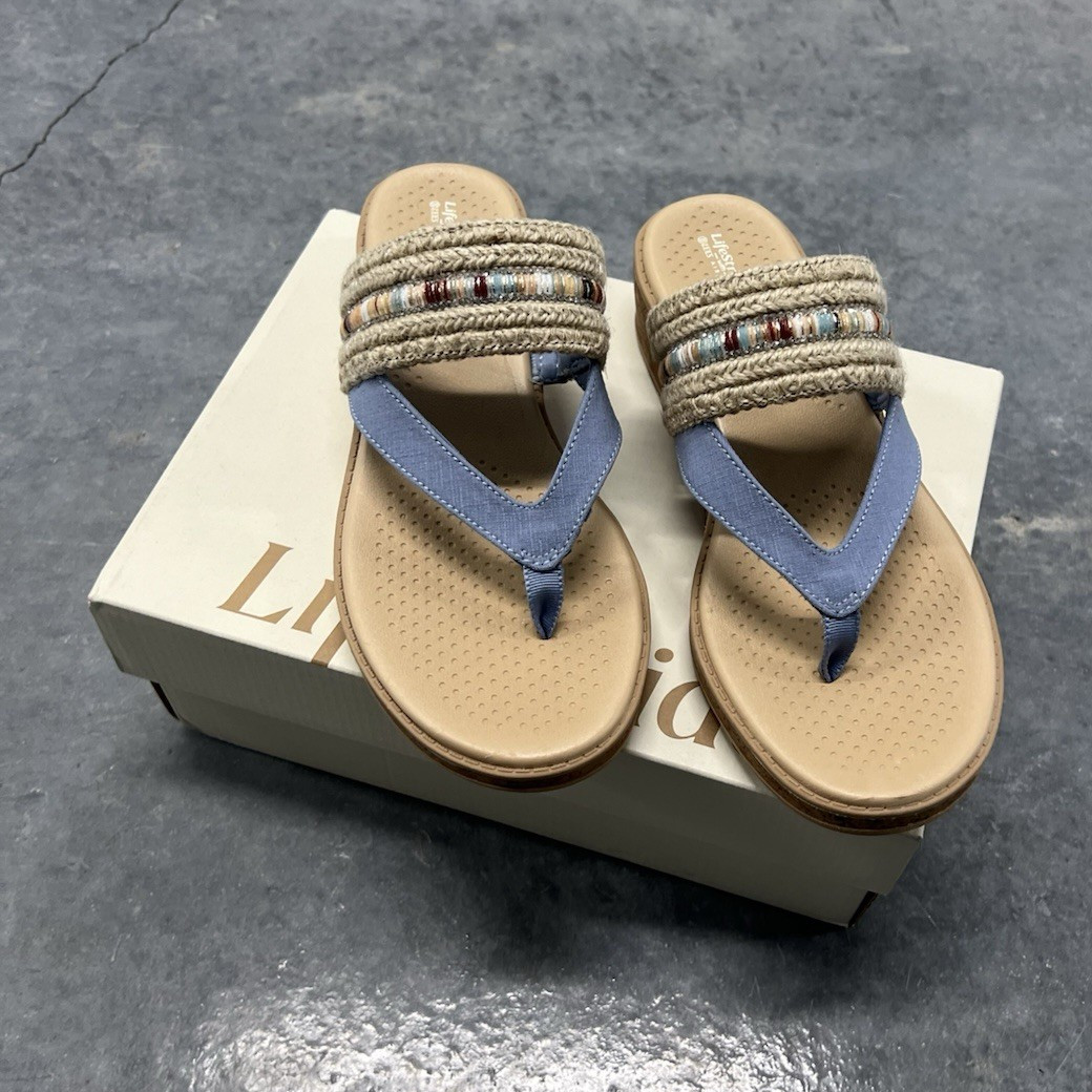 LifeStride Women's Tan/Blue Braided Thong Wedge Sandals Slip-On Wide 7.5W