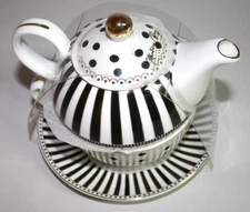Monterey Bay Black Stripes and Dots Fine Porcelain Tea for One Set New