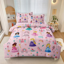 Kids Girls Princess Comforter Set, Twin Size, Pink  Bed in a Bag, 5 Piece Set,