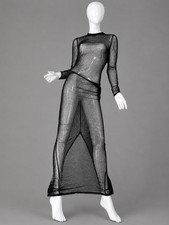 Fashion Nova XL Sheer Black Beaded Crystals Long-Sleeve Sheath Evening Gown