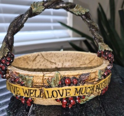 Live well love much laugh often Ceramic dish. Green Leaf Handle.