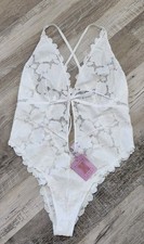 Savage x Fenty White Body Suit Lingerie NWT Shimmer Bridal 2x Lace Teddy
