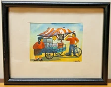 Original Watercolor on Paper, Folk Art, Refreshment Vendor, Signed, 1990s